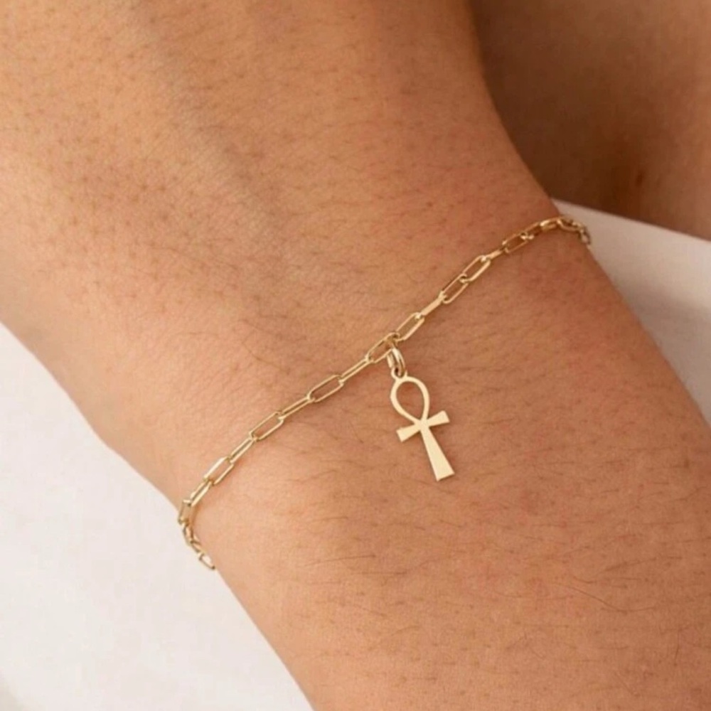 Gold Plated Stainless Steel Ankh Paperclip Bracelet